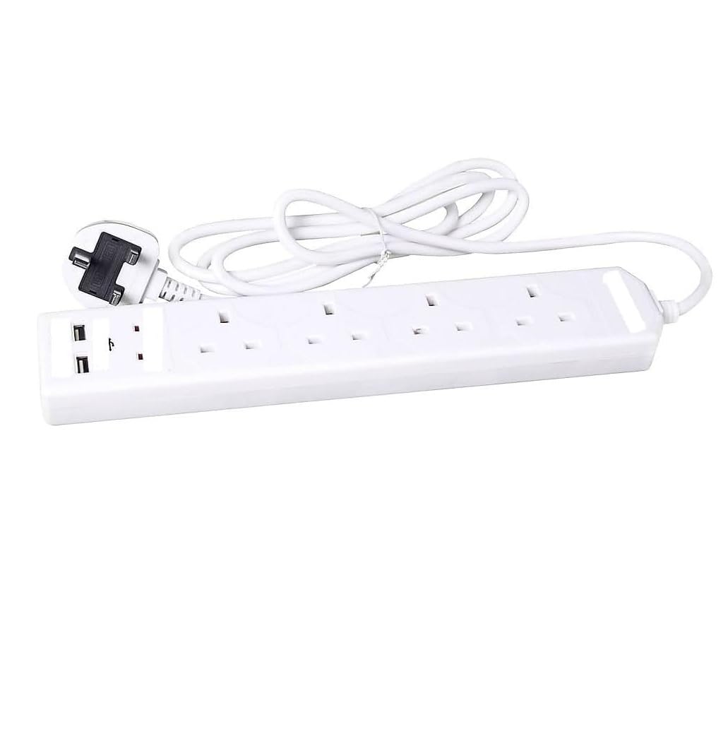 LUXFAB Extension Lead 1–10 Metre Long 13A Mains Power Cable – 1 to 6 Way UK 3 Pin Plug Socket Gang Extension Cord for Home, Office & Multiple Electrical (4 Way 2 Meter 2USB White)
