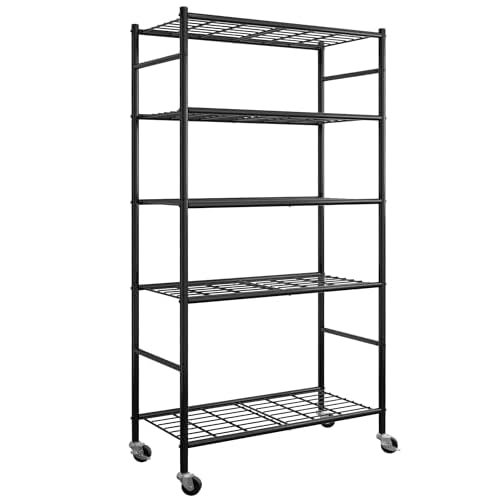 Storage Shelves Organizer – 5 Tier Metal Shelf Organizer with Metal Wheels and Adjustable Leveling Feet, Heavy Duty Garage Shelving for Kitchen, Pantry and Closet, 33.1″x12.6″x73.5″, Black