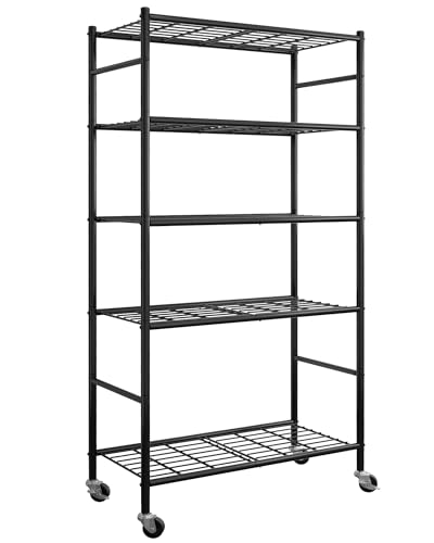 Sakugi Storage Shelves Organizer - 5 Tier Metal Shelf Organizer with Metal Wheels and Adjustable...