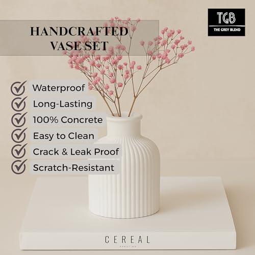 Image of Mini Concrete Stripe Vase (9 cm) | Tiny Decorative Flower Vase for Table, Shelf & Side Table | White Ribbed Miniature Vase for Home Decor & Styling (Stripe)