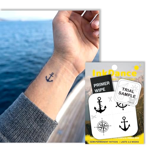 InkDance Semi-Permanent Tattoo, Tiny Anchor, Ship Wheel & Compass Rose, Long Lasting Temporary Tattoos, Waterproof Plant-Based Ink, Lasts 1-2 Weeks, Color Develops in 24 Hours MNF014, Set of 4