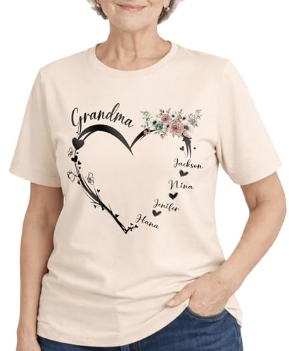 Custom Grandma Shirt with Grandkids Names Custom Floral Heart Shirts on Mother Day Personalized Grandma Shirt from Grandchildren Customize Soft Cotton T-Shirt for Women