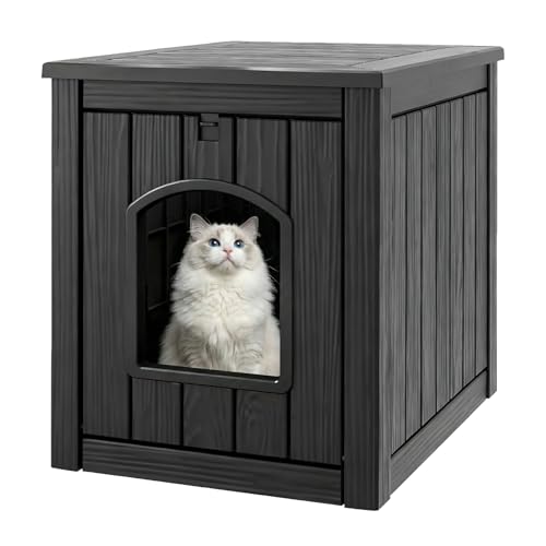 Image of Cat Litter Box Enclosure, Plastic Hidden Litter Box Side Table with Openable Front Door, Cat Box Enclosure Cabinet for Indoor & Outdoor Use, Weatherproof, Easy to Clean & Assemble, Black