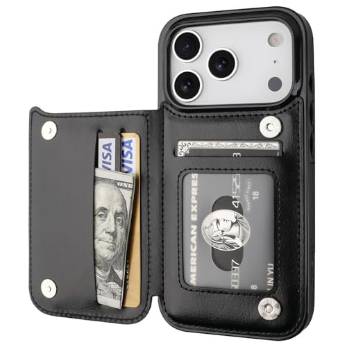 ONETOP Compatible with iPhone 17 Pro Wallet Case with Card Holder PU Leather Kickstand Card Slots Case Double Magnetic Clasp and Durable Shockproof Cover 6.3 Inch (Black)