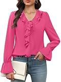 Picture of Funlingo Womens Work Tops Dressy Casual Long Sleeve V Neck Business Tunic Blouses 2025 Ladies Ruffle Hot Pink Office Formal Shirts Rose Red XL