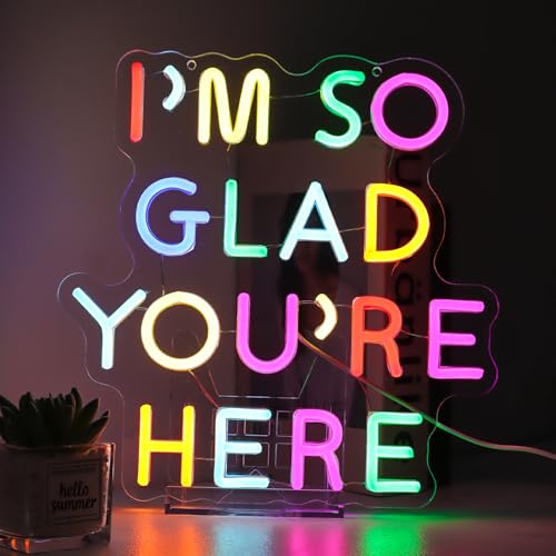 Image of I'm So Glad You're Here Neon Sign for Teachers - Dimmable Multicolor Letter LED Light with Wired Controller, Rainbow Glow Classroom Decor, 12.2x11.8 in, Includes 4 Wall Anchors & 2m USB Cable
