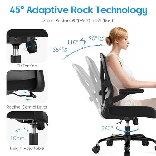 Office Chair Ergonomic Desk Chair - Mesh Computer Chair Breathable Task Chair with Wheels Adjustable Lumbar Support Home Desk Office Chairs with Flip up Armrest Executive Rolling Swivel Black - Image 7