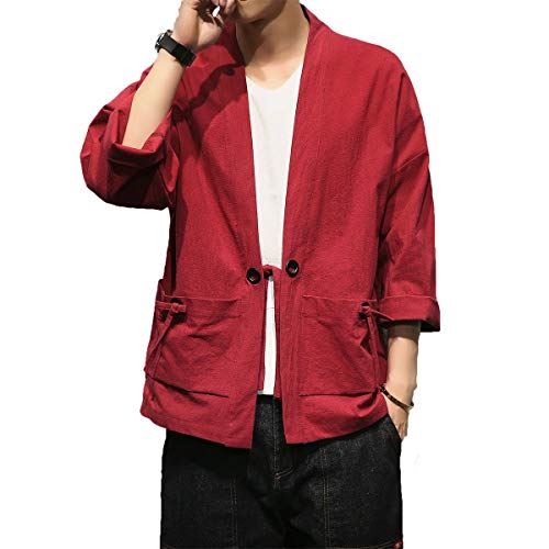 Image of Mens Kimono Cardigan Cotton Linen Japanese Shirt 3 /4 Sleeve Haori Yukata | Skin-Friendly Solid Color Lightweight Shawl Collar Kimono Robe Embroidery Button Tie Pockets Happi Coat All Season Daily Wear