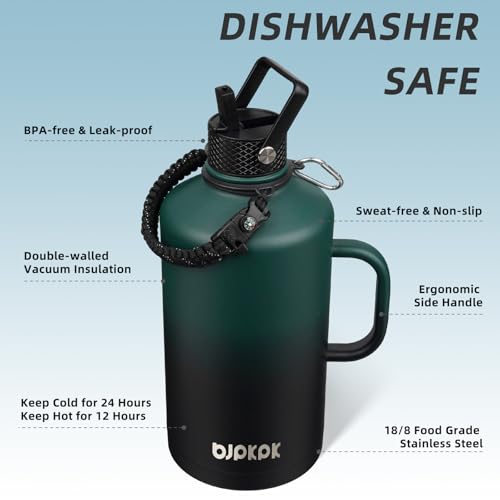 Image of BJPKPK 1 Gallon Water Bottle Insulated with Straw Lid, 128oz Large, Stainless Steel Water Bottles with 3 Lids and Paracord Strap,Double Wall Vacuum Metal Water Jug,Army Green&Black