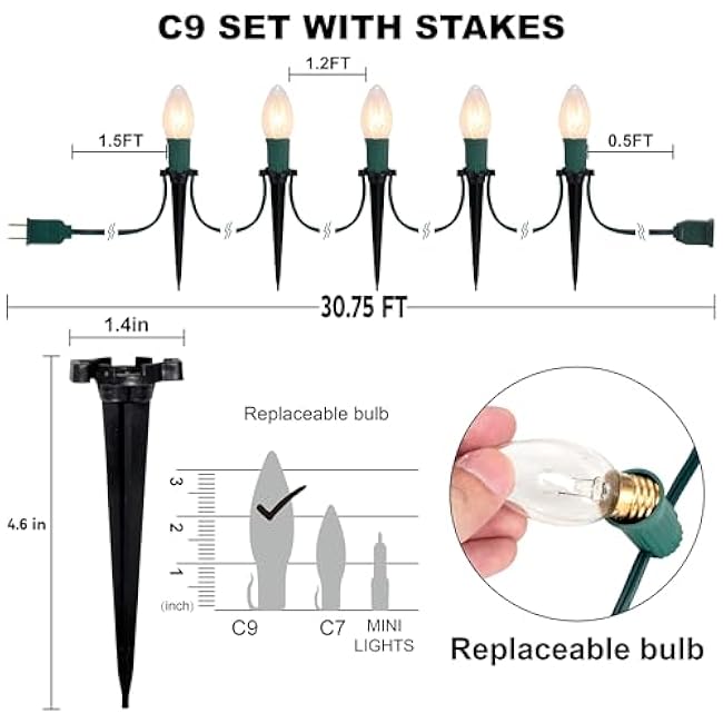 Joiedomi C9 Christmas Pathway Lights 30.75ft 24 Bulbs Outdoor Xmas Decorations Warm White for Holiday Waterproof Outside Yard Garden, Party, Walkway Decor