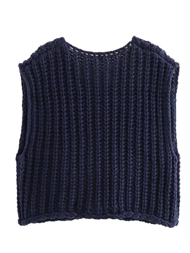 Image of VNIRA Womens Fashion Casual Chunky Sweater Vest Sleeveless Button Down Knit Crop Top Open Front Cardigan with Pockets Navy L