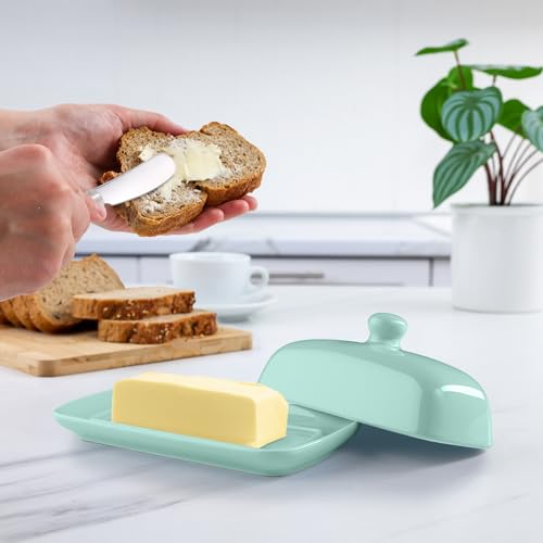 Image of Zulay Butter Dish With Lid For Countertop - Porcelain Mint, Ceramic Butter Dish with Knob Handle Great for Cooking - Elegant Design Butter Holder - Durable & Sturdy Butter Keeper - Mint