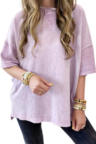 KevaMolly Womens Oversized Tshirts Tops Short Sleeve Mineral Wash Exposed Seam Drop Shoulder Tee Casual Solid Tshirt