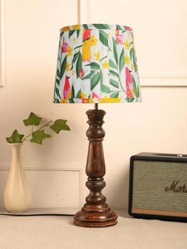 Image of Green Girgit Classic Wooden Lamp in Walnut Brown Color with Pleeted Yellow Leaves Shade, Vintage Wooden Table Lamp with Pleeted Shade, Decorative Light for Bedroom (LED Bulb Included)