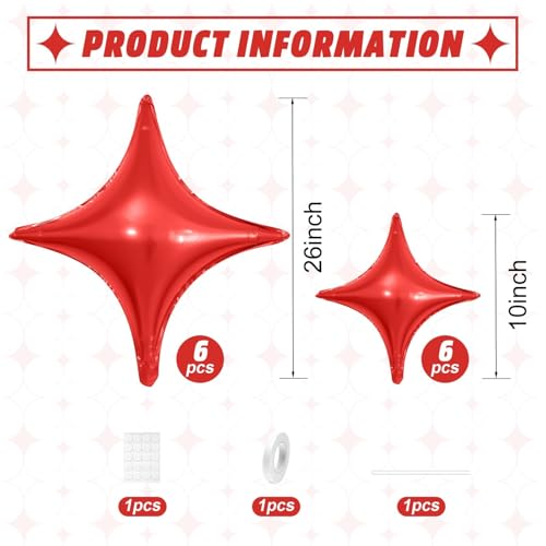 Red Star Balloons,12Pcs Four Angle Star Foil Balloons,26Inch and 10Inch Red Quadrangle Helium Balloon for Birthday New Year Christmas Anniversary Baby Shower Wedding Party Decorations - Image 4