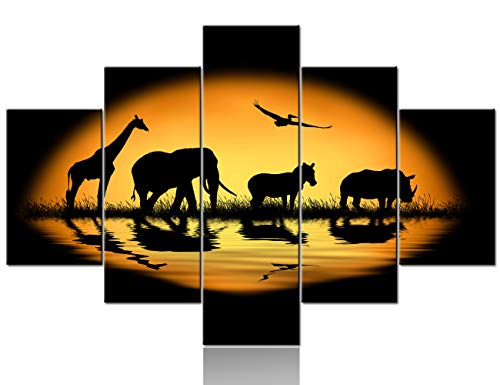 5 Piece Giraffe Elephant Zebra Bird Canvas Wall Art African Landscape Sunset Lake Pictures Print Painting Home Decor Modern Animals Family Artwork for Living Room Framed and Ready to hang -60