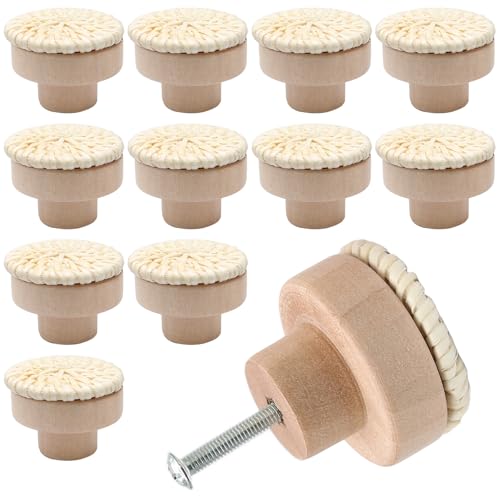 Seimneire 12 pomos de ratán blanco bohemio para tocador, pomos de madera para cajones, pomos decorativos para armarios, tiradores de cajones de madera para cocina, baño, muebles y armarios