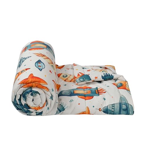 Image of FRESH FROM LOOM Rotary Printed Micro Fiber Comforter | Dohar | Quit | Double Bed | Double Weaved | Washable | Hypoallergenic Skin Friendly (White-Rocket | 90 x 95 Inch)