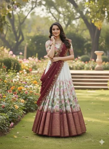 Image of ZITON ARICO MART Women's Indian Traditional Kanjivaram Silk Pure Weaving Lehenga Choli Along With Dupatta And Blouse Piece, Half Saree (Unstitched)