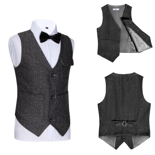 Image of Retro Boys Tweed Vest for Kids Formal Dress Herringbone Suit Vest for Toddler Boy Wedding Waistcoat
