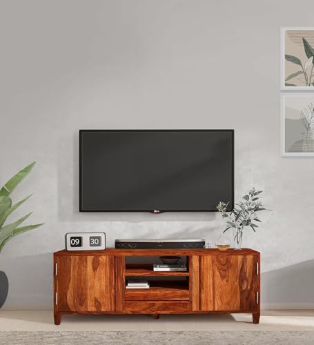 Image of Solid Sheesham Wood TV Unit for Living Room | TV Stand | TV Cabinet with Storage for Living Room and Hotel Furniture (Honey Finish-03)