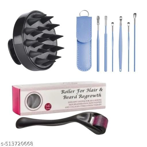 Image of 3 Pcs Combo Offer For Roller For Hair & Beard Regrowth With 540 Titanium Alloy Micro Needles 0.5 Mm | Round Hair Scalp Manual Massager (Black) Aad-P656