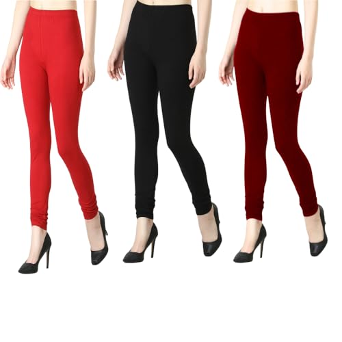 Image of Tanu Women's Cotton Leggings | Ultra-Soft, Stretchable and Comfortable | Casual Slim Fit Full Length Leggings for Women and Girls (Combo Pack of 3)