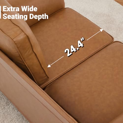 Image of Kingfun Loveseat 2 Seater Couch, Mid Century Modern Faux Leather Sofa with Rolled Arms and Deep Seats, Fluffy Comfort for Living Room, Apartment, Easy Assembly, Brown