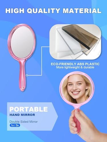 Image of Transparent Double‑Sided Hand Mirror 1X /5X Magnification - 5‑inch Round Acrylic Mirror with Handle & Hanging Hole - Lightweight Portable Makeup & Grooming Tool (Pink)