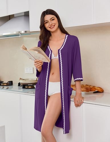 Image of Ekouaer Zipper Robes for Women 3 /4 Sleeves Lightweight House Coat Zip Up Bathrobe Soft Nightgown with Pockets S-3XL