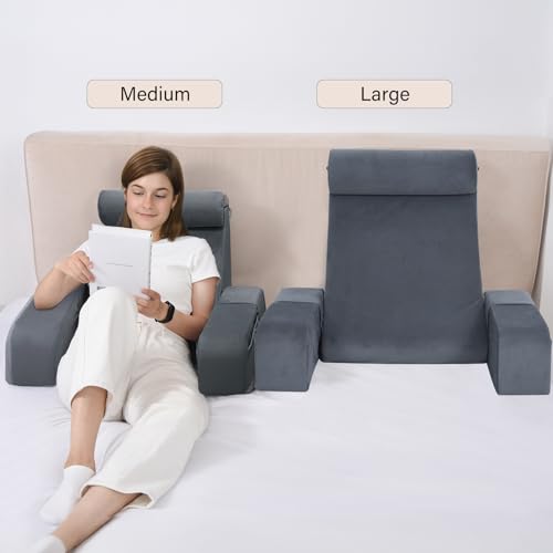 ENITYA Reading Pillow with Arms for Bed Support, 21" Large Back Support Pillow for Sitting up, Wedge Pillow for Reclining, Watching TV, Reading, Gaming, Resting in Bed, Couch or Floor, Grey