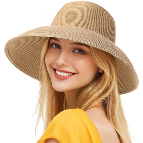 Image of Beach Sun Hats for Women - Wide Brim Straw Womens Summer Hat with Wind Lanyard Roll Up, Foldable Beach Hat UV Protection