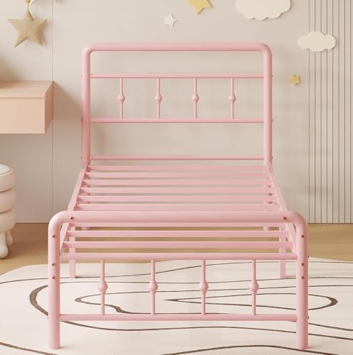 Image of Richwanone 14 inch Twin Bed Frame with Headboard and Footboard, Heavy Duty Metal Bed Frame Victorian Style, No Box Spring Needed, Easy Assembly, Pink