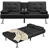 Furmax Futon Sofa Bed Adjustable Futon Couch Sleeper Sofa Bed for Living Room, Business Office, Recliner Sofas with Cup Holders (PU Leather, Black)
