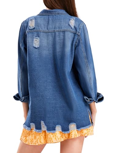 CHARTOU Women's Casual Distressed Long Sleeve Button Down Shirt Ripped Denim Jacket Jean Coat4