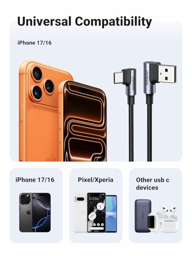 Image of UGREEN USB to USB C Cable 90 Degree USB C Fast Charging Cord Compatible with iPhone 17 /16 /16 Plus /16 Pro /16 Pro Max /15 /Samsung Galaxy S10 /S10+ /Pixel 9 /6a /LG G8 /G7 /Pixel /Switch, etc, 1.6FT (Pack of 2)