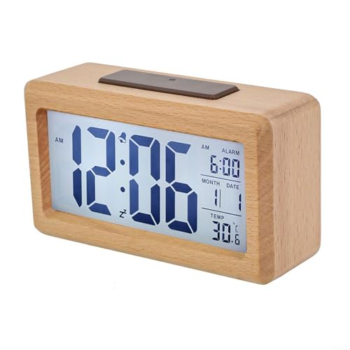 Reloj digital de madera estéticamente agradable con controles intuitivos; una excelente opción para espacios personales u oficinas (A)