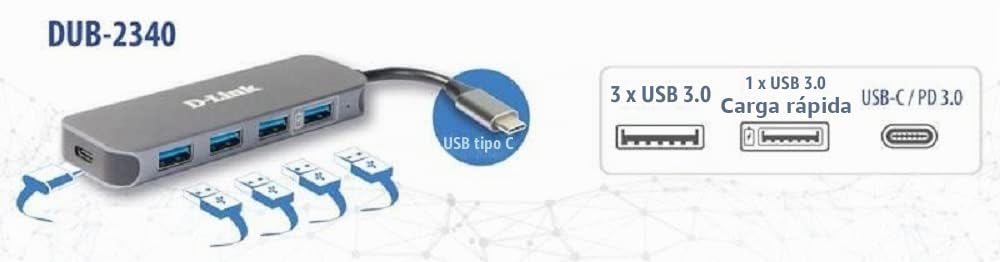 D-Link DUB-2340, Hub USB-C 4 en 1, 4 Puertos USB 3.0, 1 Puerto USB-C Hembra con Carga, Compatible PC, MacBook Pro, MacBook Air, iPad Pro, Chromebook, Surface Pro
