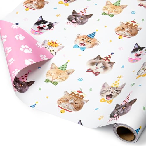 WERNNSAI Cat Wrapping Paper - 1 Roll 17 x 33 ft Cat Birthday Wrapping Paper Reversible Cute Kitten Gift Wrap for Kids Adults Fun Birthday Present Decoration with Paw Prints Design