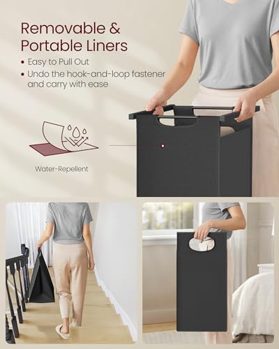 VASAGLE Laundry Basket, 2-Section Laundry Hamper with Blanket Ladder, Pull-Out and Removable Liners, 2 Shelves, 5 Hooks, 2 x 46L, 73 x 33 x 177 cm, Rustic Brown and Black BLH221B01 - Image 7