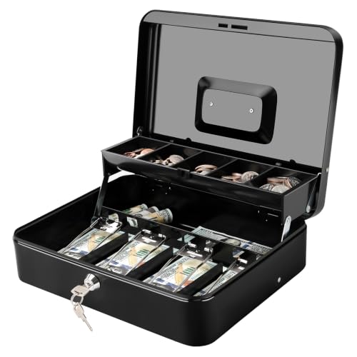 Jssmst Cash Box with Key Lock - 0.9mm Thick Metal Money Box for Garage Sales, Yard Sales and Petty Cash, Portable Cash Drawer with Coin Tray & Spill-Proof Foam Coin Cover, 4 No-Pinch Bill Clips,11.8''