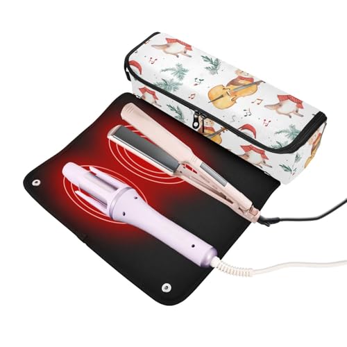 Bolsa de viaje para herramientas de cabello con diseño de animales tocando instrumentos musicales, con tapete resistente al calor para planchas y rizadores miniatura 2