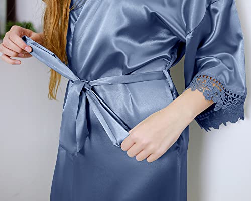 AW BRIDAL Satin Robe Silk Robes for Women with Lace Trim Elegant Bride Robe Bridesmaid Robes for Wedding, Dusty Blue Robe, S