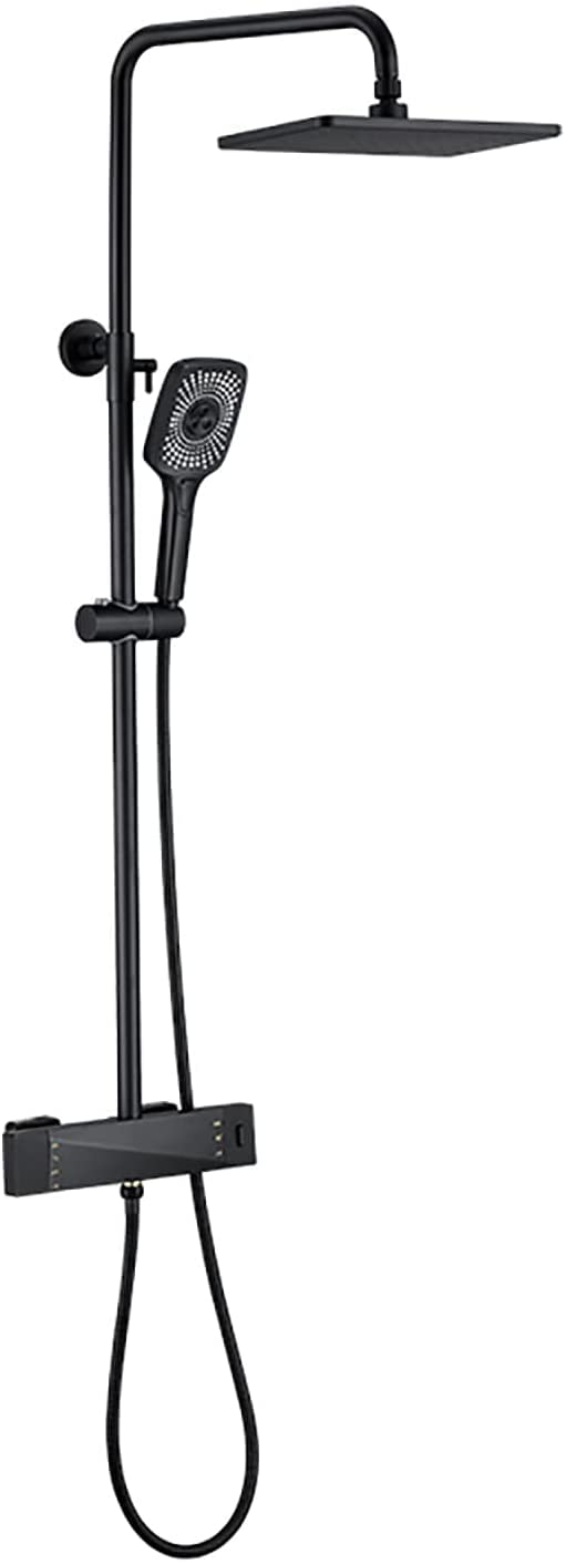 WXPGFEQ Shower System Thermostatic, Shower Faucet Set 12 Inches Shower Combo Set Wall Mounted Rain Mixer Combo Set With Tub Spout, Rain Shower Head, Handheld Shower Head, Brass V,Black