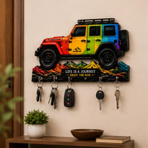 Image of Webelkart Premium HD UV Printed Mahindra Thar Car Shape Designer Wooden Key Holder Home and Office Decor (11 X 6 Inch, Wood) (Yellow-1)