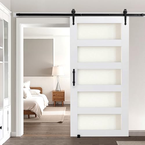 VEVOR Puerta Corrediza de Granero, Panel de la Puerta de MDF y Vidrio 1067 x 2134 mm con Kit de Herrajes, Superficie de PVC Impermeable y Marco en H, Deslizamiento Suave para Sala de Estar y Baño