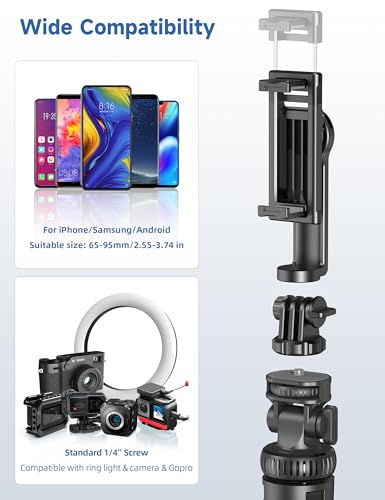 190cm Tripode para Movil, Extensible Trípode Profesional Estable Aluminiocon Palo Selfie Tripode con Control Remoto y Soporte de Teléfono, Trípode Camara Portátil Compatible con iPhone/Samsung/GoPro - imagen 5