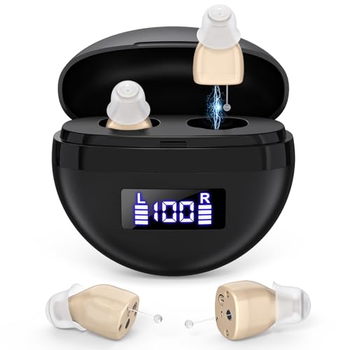 Digital hearing aids for the elderly with noise reduction, rechargeable hearing aids for adults nearly invisible,CIC Into Ear Comfortable Wear No Squealing, portable magnetic charging pods. (BluckBrown)