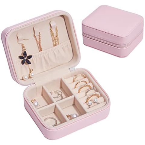 NuAngela Jewelry Box Small Travel Jewelry Bags Organizer, PU Leather Storage Display Case, Portable Holder for Women’s Necklace Earring Rings Accessories, (Pink 2, Double-Layer) Cover