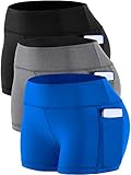CADMUS Women's Workout Yoga Running Compression Exercise Booty Shorts with Two Side Pockets,3 Pack,09,Black,Grey,Blue,X-Large